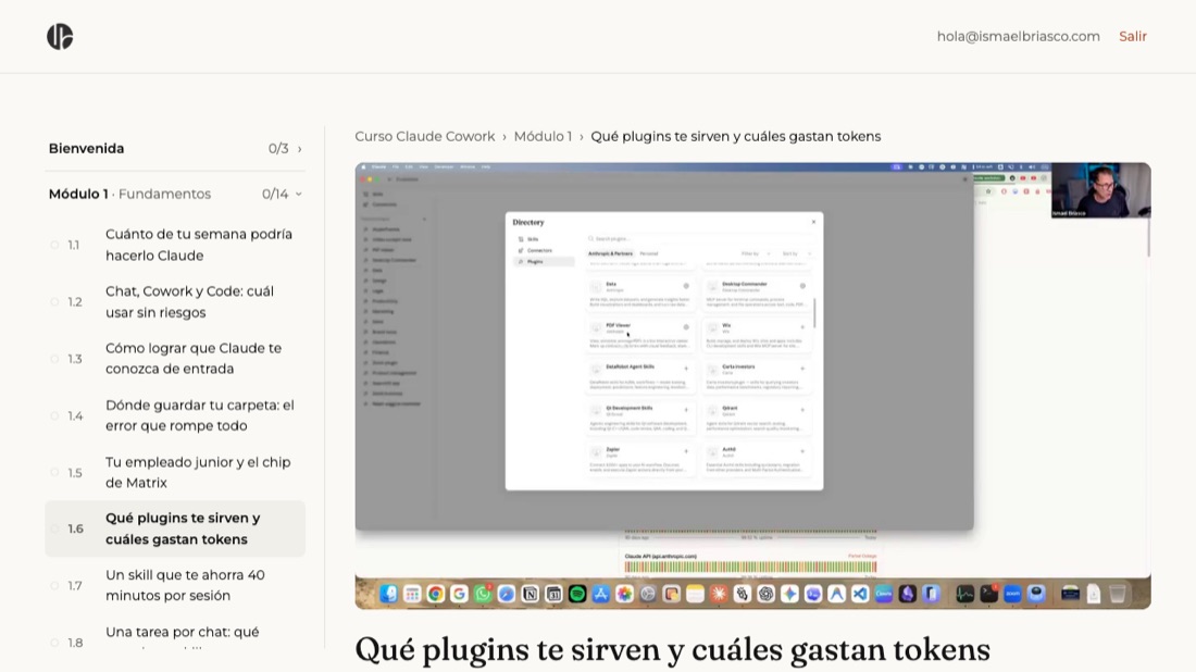 El área de alumno del curso con el temario del módulo 1, sus 14 clases y el reproductor de una clase abierta.