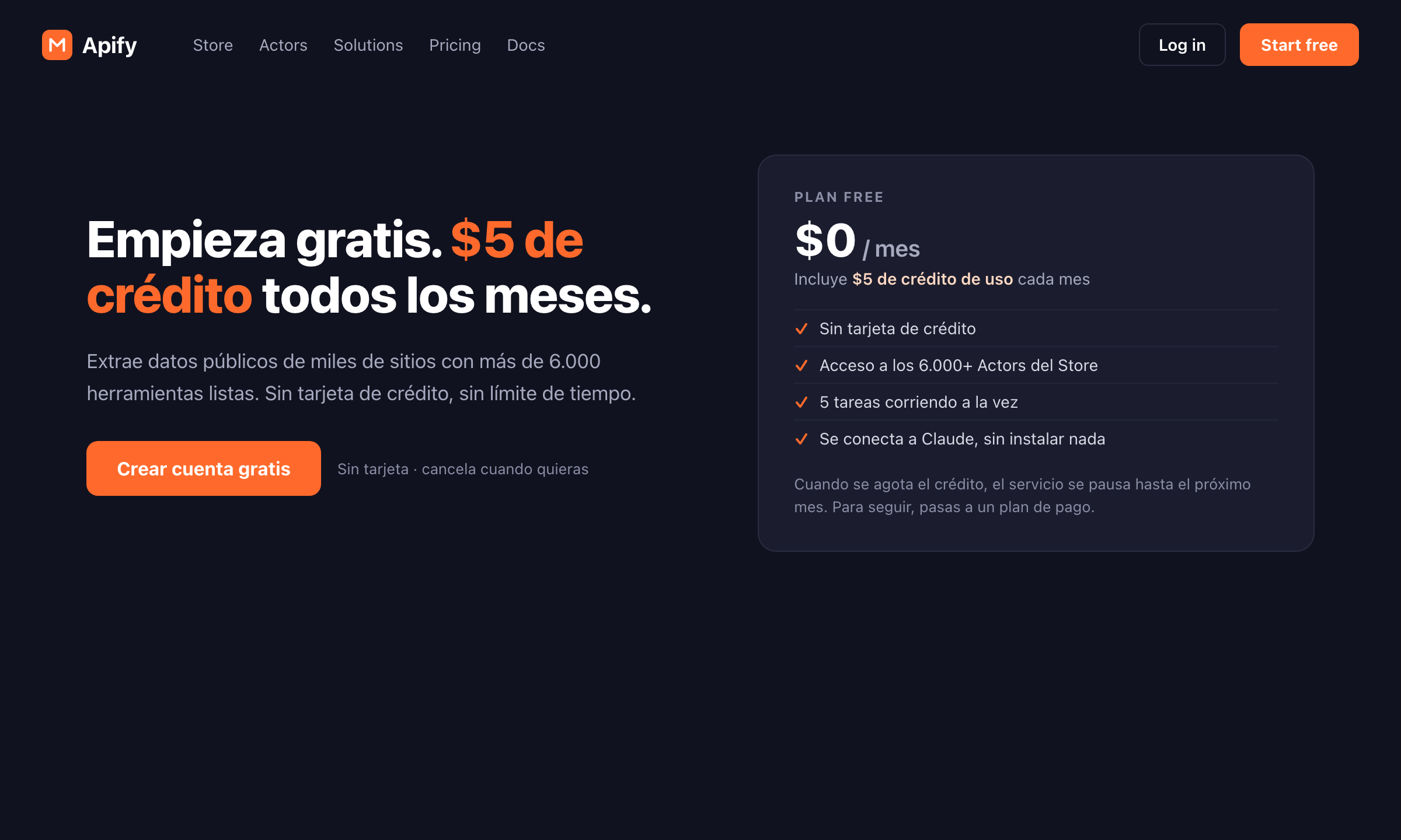 Cuenta gratis de Apify con USD 5 de crédito mensual