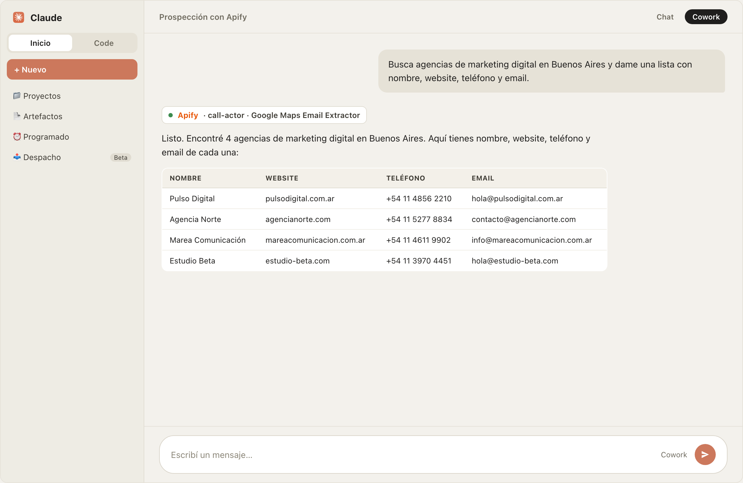 Claude devuelve una tabla con nombre, website, teléfono y email de empresas de tu rubro