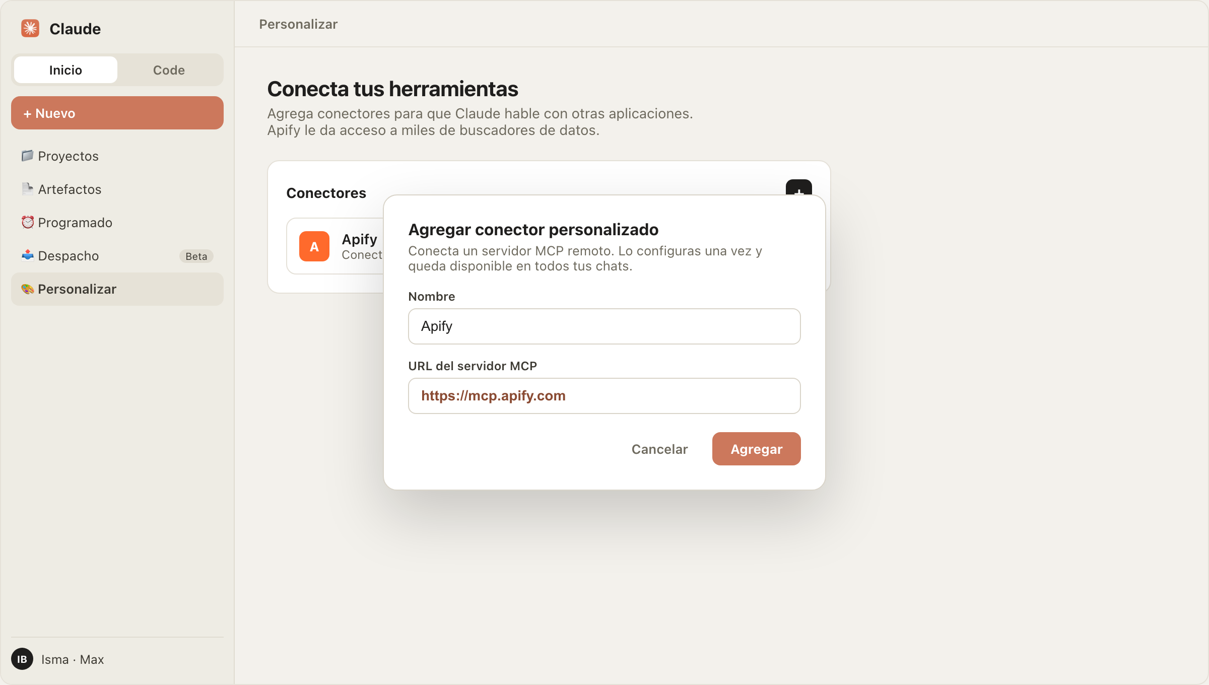 Conectar Apify a Claude Cowork desde Personalizar > Conectores